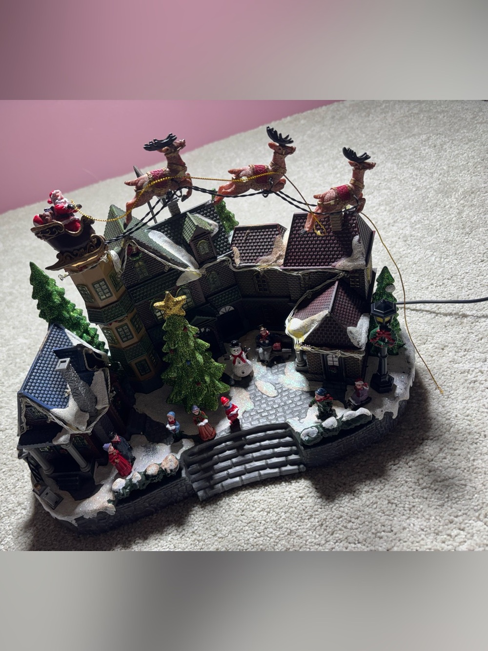 Christmas Village Centerpiece Decor, Santa Riding Sleigh Flying Over The Town...